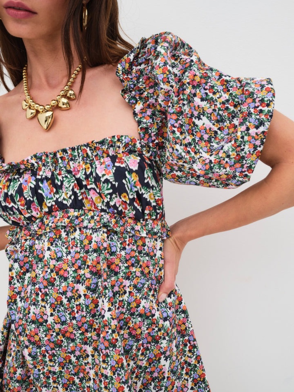 New! For Love And Lemons Hudson Black Floral Puff-Sleeve Mini Dress 🌸 Medium - Picture 3 of 13
